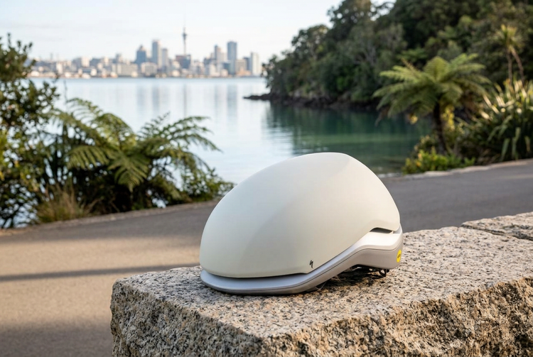 Specialized Mode commuter helmet beside a New Zealand waterside cycle path
