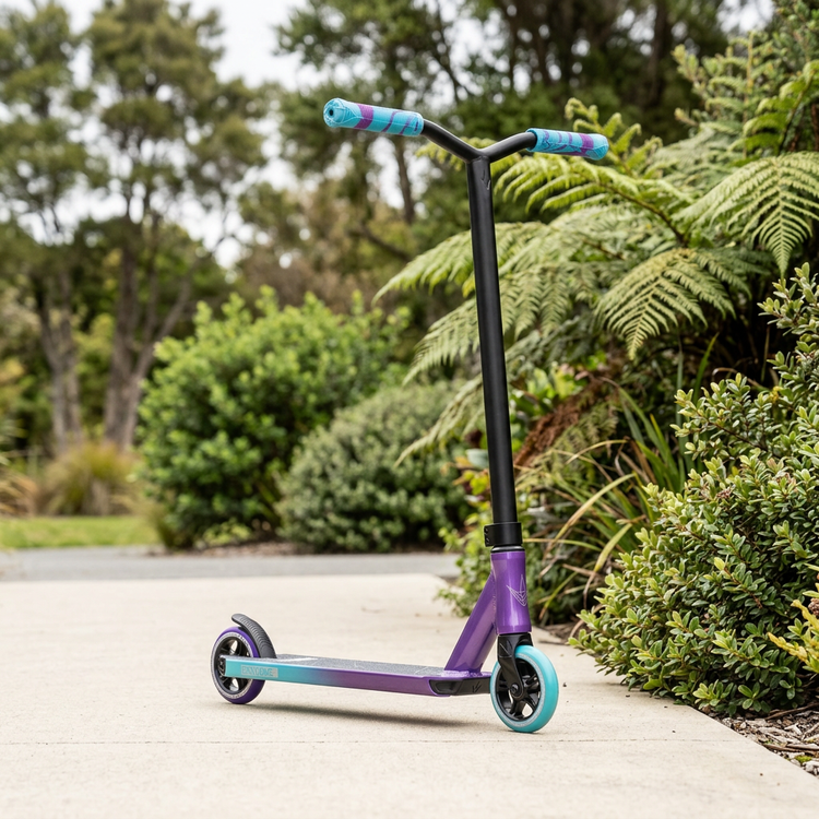Purple and teal scooter beside lush greenery