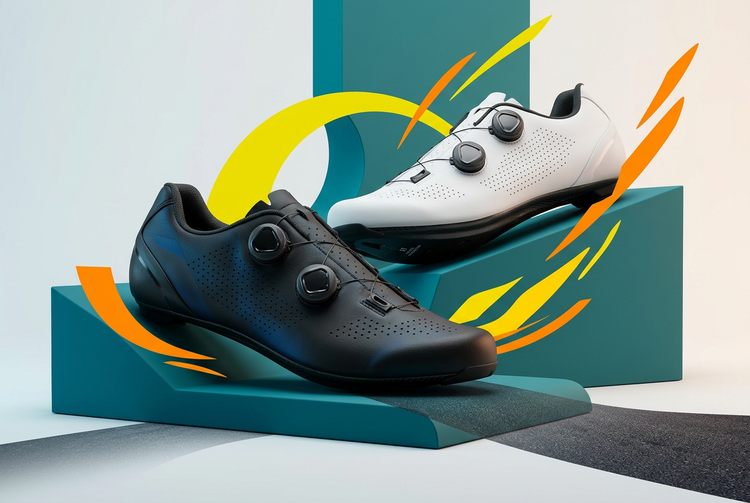 Road cycling shoes with teal, yellow and orange accents