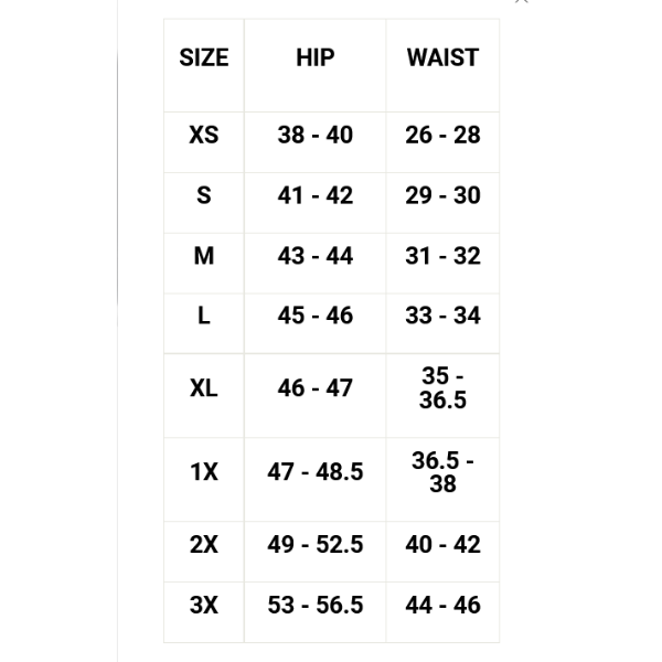 Womens Navaeh Short Size Chart