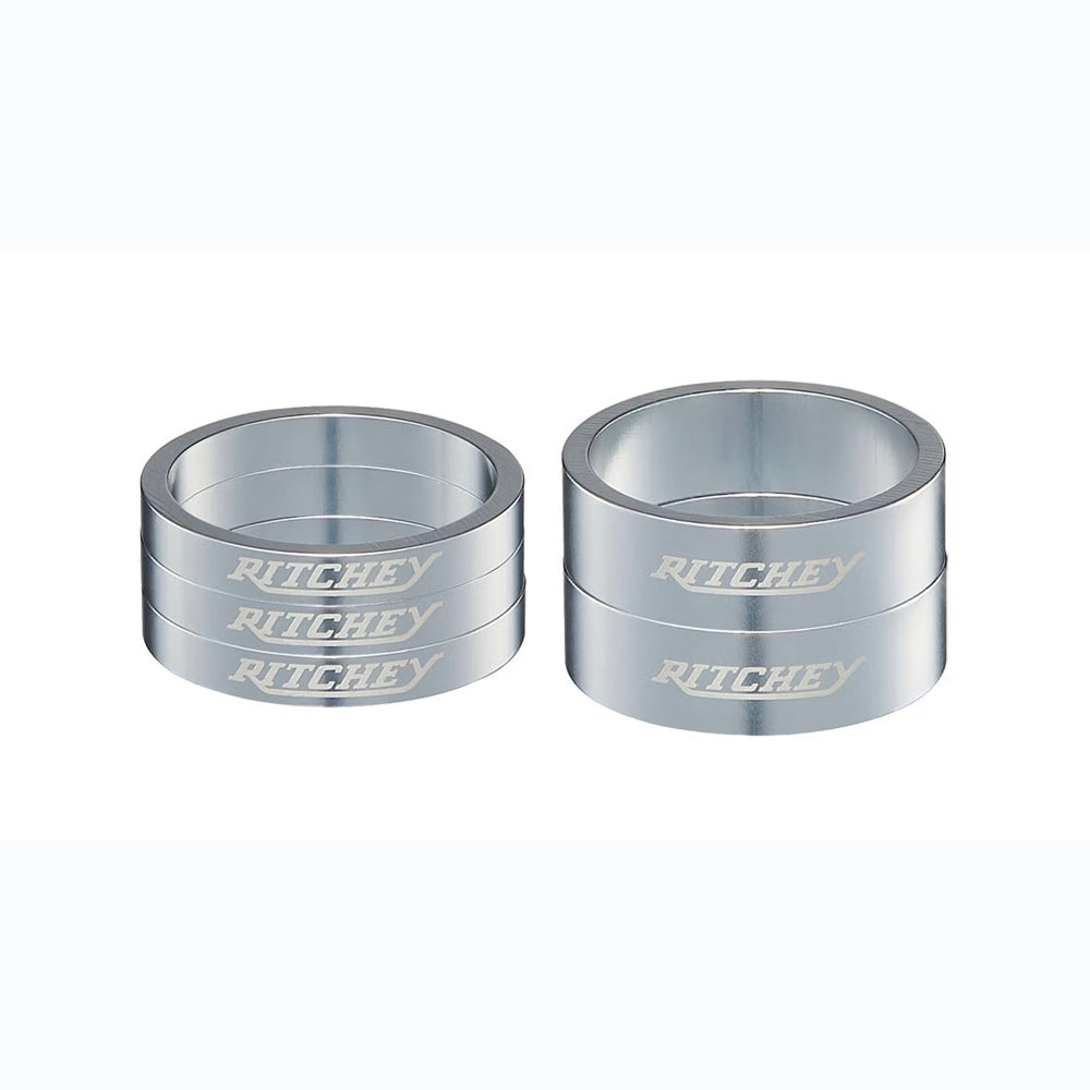 Ritchey Classic Headset Spacers Pack 28.6mm / 2x 10mm and 3x 5mm Spacers, High Polish Silver / with White Logo
