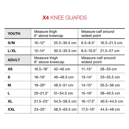 X4 Knee Size Chart
