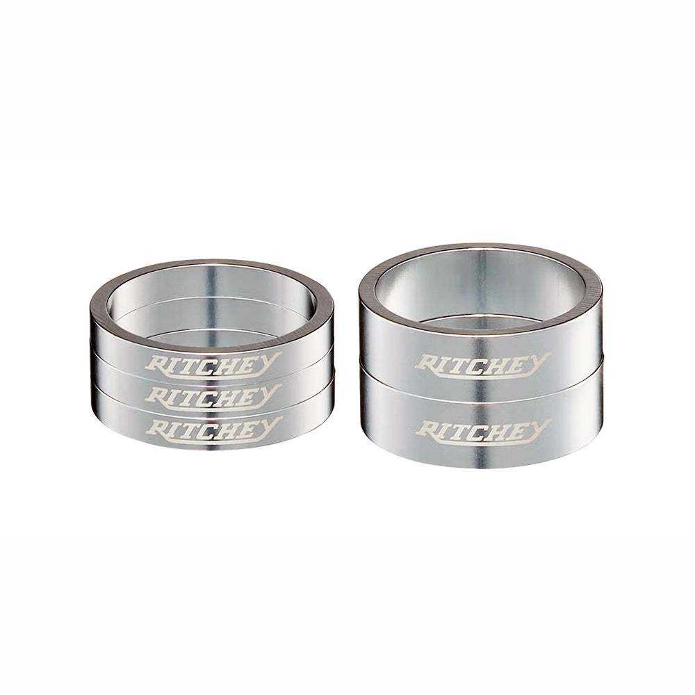 Ritchey Classic Headset Spacers Pack 28.6mm / 2x 10mm and 3x 5mm Spacers, High Polish Silver / with White Logo
