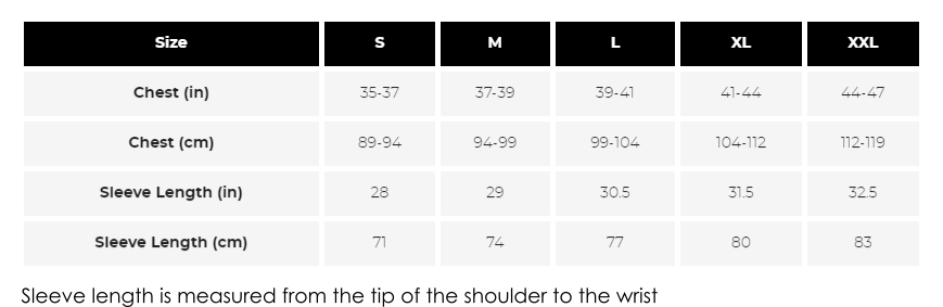 Reflect360 CRS Mens Jacket Sizing Guide