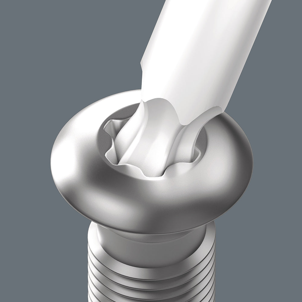 The spherical drive profile means that it is possible to swivel the axis of the tool to that of the screw, and therefore enable angled, "around-the-corner" screwdriving jobs.