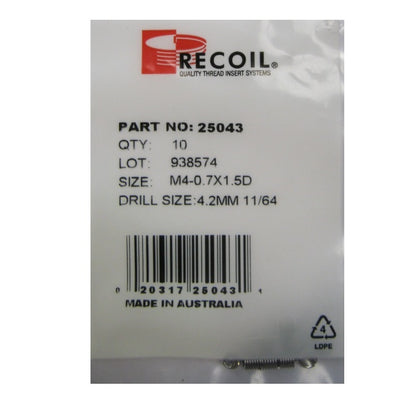 Recoil M4 x 0.7 x 1.5D Thread Repair Inserts - Packaging